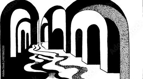 Black and white abstract arched hallway with winding pathway
