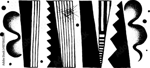 Abstract black and white geometric shapes with lines and patterns