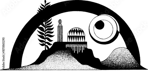 Abstract geometric landscape with dome and eye shape in monochrome