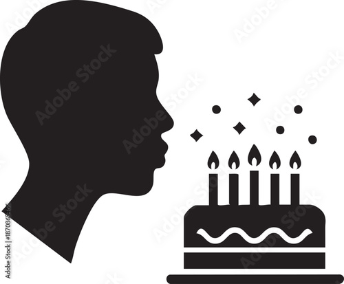 Profile of Person Leaning to Blow Out Birthday Cake Candles Silhouettes isolated on white background