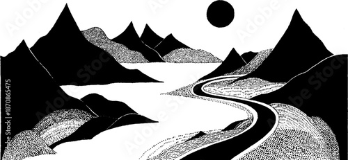 Monochrome mountain landscape with curved road and sun