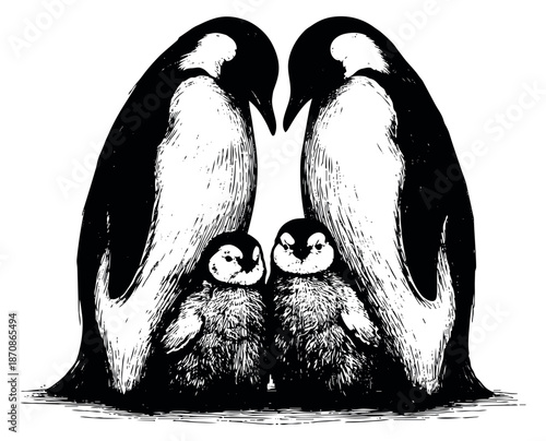 Hand drawn line art illustration of a penguin family depicting two adults and two chicks for animal themes