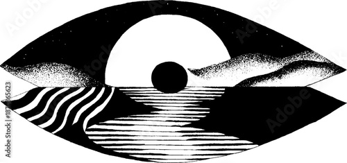 Abstract monochrome eye with surreal landscape design