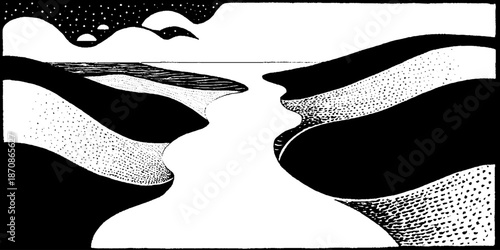 Abstract black and white landscape with surreal hills and river