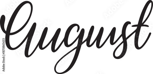 Elegant script calligraphy word August in black on a white background perfect for seasonal design and branding