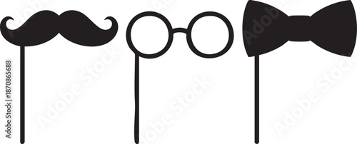 Party Photo Booth Props with Mustache Glasses and Bow Tie Silhouettes isolated on white background