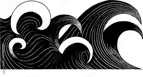 Abstract black and white ocean waves illustration with curved patterns