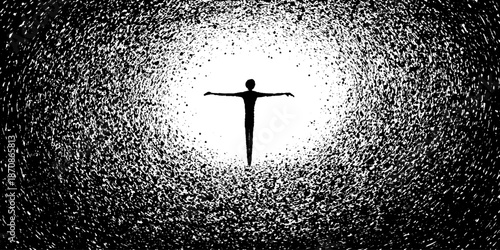 Silhouette of lone figure embracing light in abstract black and white universe