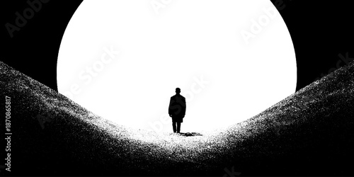 Silhouetted figure against large white circle on textured landscape