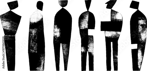 Abstract black and white figures: geometric silhouette art with texture