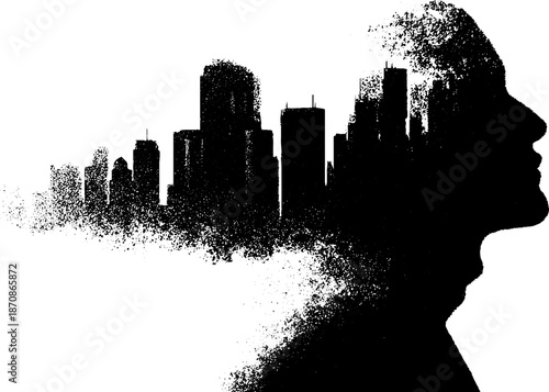 Silhouette of a man's profile blending into a cityscape