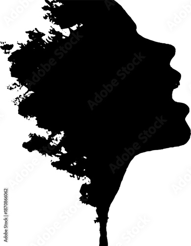 Artistic silhouette of female profile evolving into nature elements