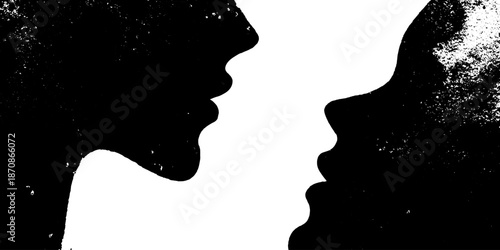 Artistic black and white silhouette of two faces in profile