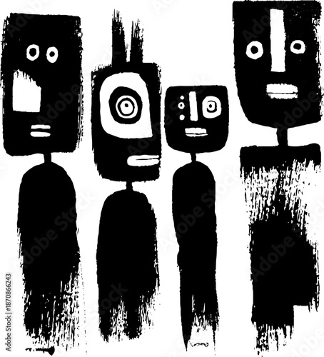 Abstract monochrome figures depicting human-like forms in bold black and white