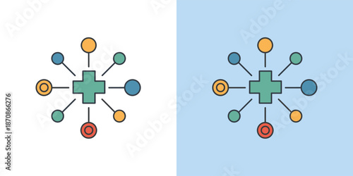 A stylized graphic representation of a central hub connected to various satellite elements on a contrasting background
