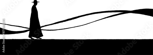 Silhouette of lone figure walking against abstract black and white backdrop