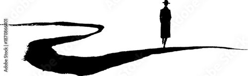 Silhouette of lone figure walking along winding path on white background