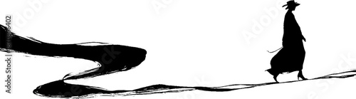 Silhouette of samurai walking with flowing cloak in minimalist ink art style