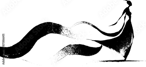 Abstract silhouette of female dancer in flowing dress with black ink design