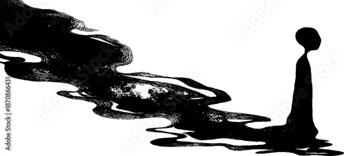 Abstract black ink figure with flowing lines on white background