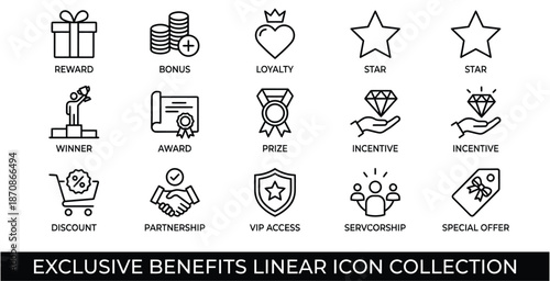 A collection of linear icons representing exclusive benefits, rewards, loyalty programs, discounts, and special offers for business and membership services.