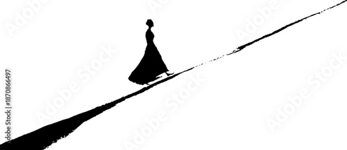 Silhouette of a woman walking uphill in long dress