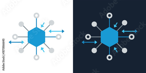A stylized graphic representation of a central node connected to peripheral elements on a contrasting background