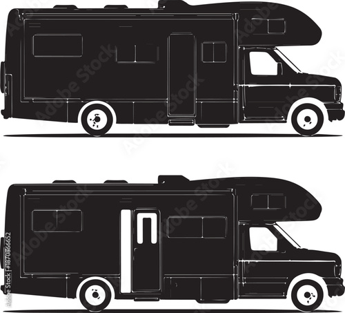 Two motorhomes with different door designs on white background
