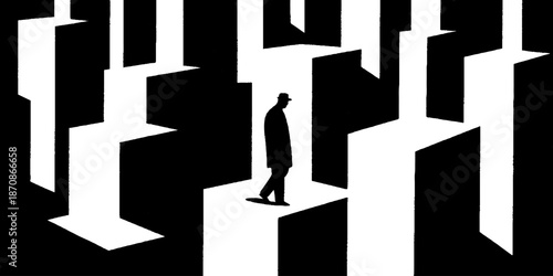 Silhouetted figure walking in abstract geometric black and white maze