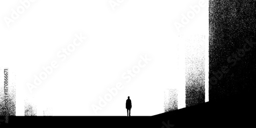 Silhouette of person in minimalist urban landscape