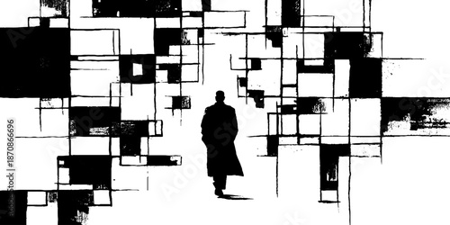 Abstract silhouette of man walking amidst geometric black and white patterns