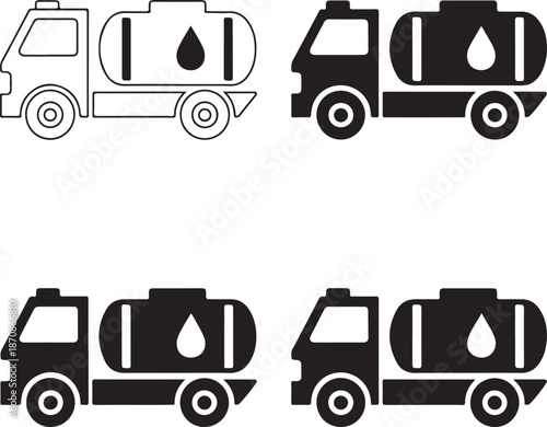 set of black and white oil tanker truck icons