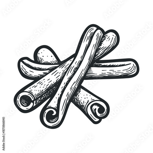 Authentic handdrawn black and white illustration of aromatic organic cinnamon sticks, perfect for spice product packaging, culinary recipe books, or food industry advertisements.