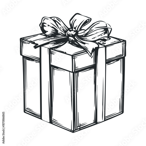 A beautifully hand drawn gift box adorned with an elegant ribbon and bow is perfect for holiday promotions event marketing and special occasion greeting materials.