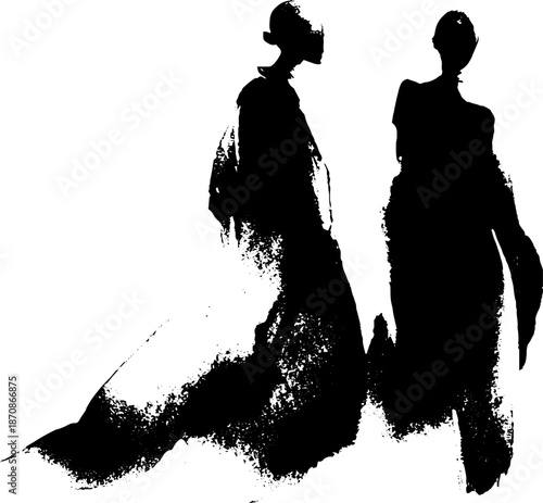 Silhouette of two females in flowing gowns walking together