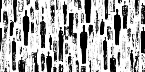 Abstract black and white silhouettes of human figures in varied sizes