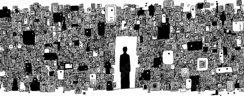 Silhouette of a person amidst abstract black and white patterned wall