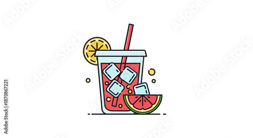 Watermelon Juice Glass with Ice and Straw.