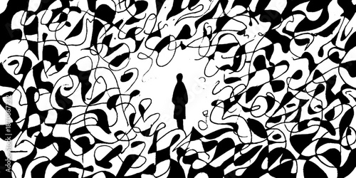 Silhouette of a person amid abstract black and white patterns