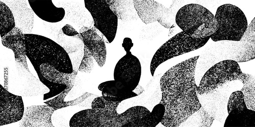Silhouette of person meditating amidst abstract shapes in black and white contrast