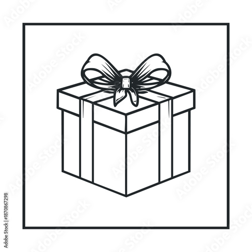 A graphic representation of a gift box tied with a decorative bow, perfect for holiday greetings, celebration invitations, or special occasion promotions and presentations.