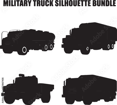 set of military trucks silhouettes on white background