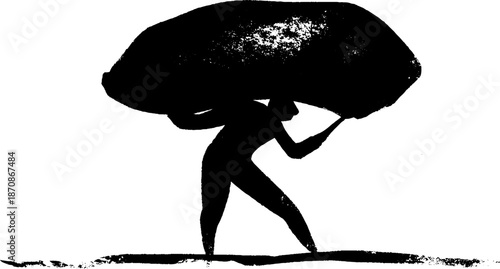 Silhouette of person carrying heavy rock symbolizing burden and strength