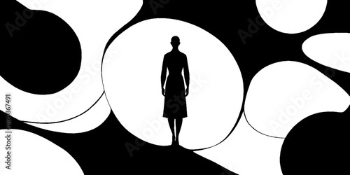 Silhouette of female in abstract black and white geometric design