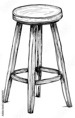 Hand drawn line art illustration of a wooden stool depicting its classic design for interior decor