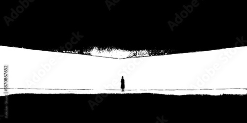Monochrome landscape with lone female silhouette under dramatic sky