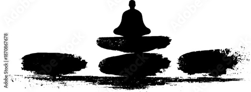 Silhouette of meditation: zen figure balancing on stones in grunge black and white design