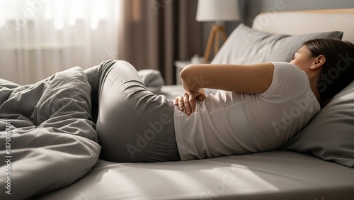 Woman suffering from back pain in bed, holding hand on lower back, discomfort