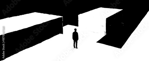 Silhouette of a lone figure in a stark black and white geometric landscape