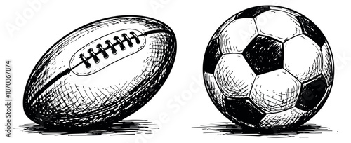 Hand drawn line art sports balls set featuring an american football and a soccer ball for competition